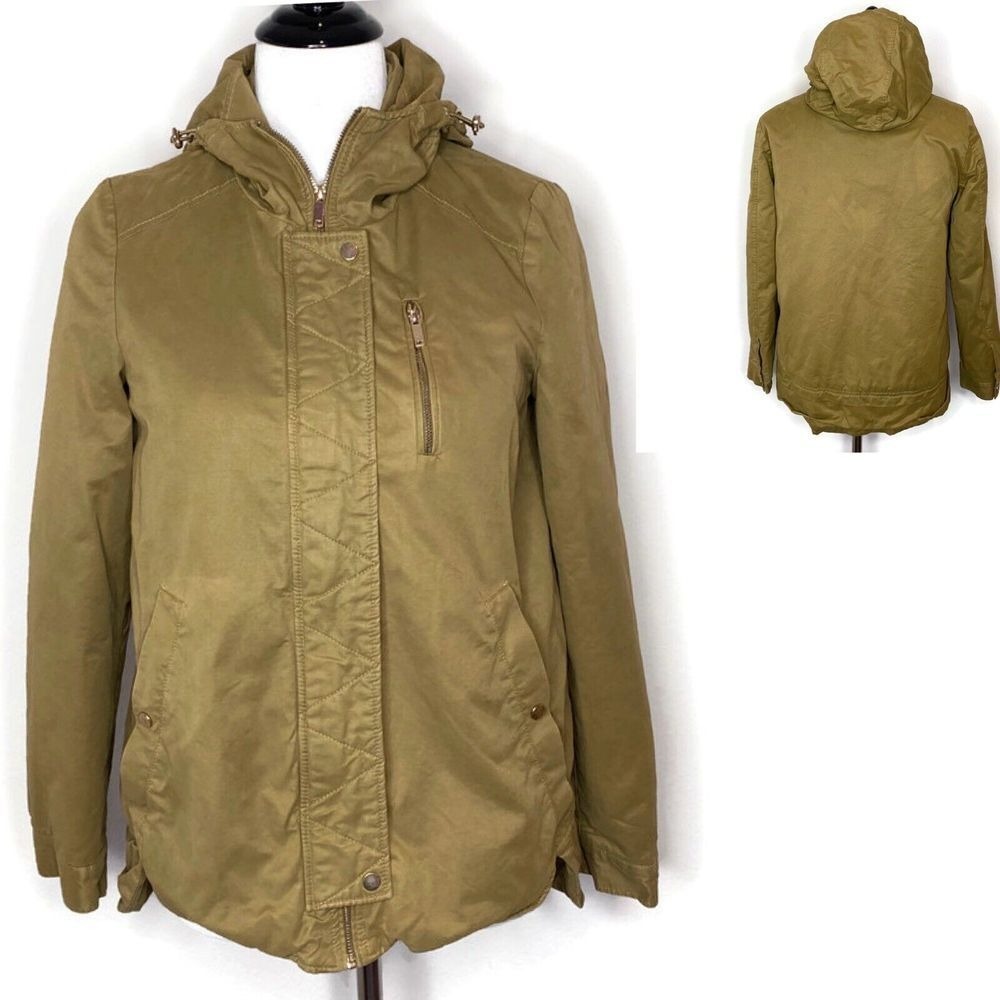 ZARA Green Outwear Puffer Hooded Jacket Size XS‎ Distressed Pockets Full Zip